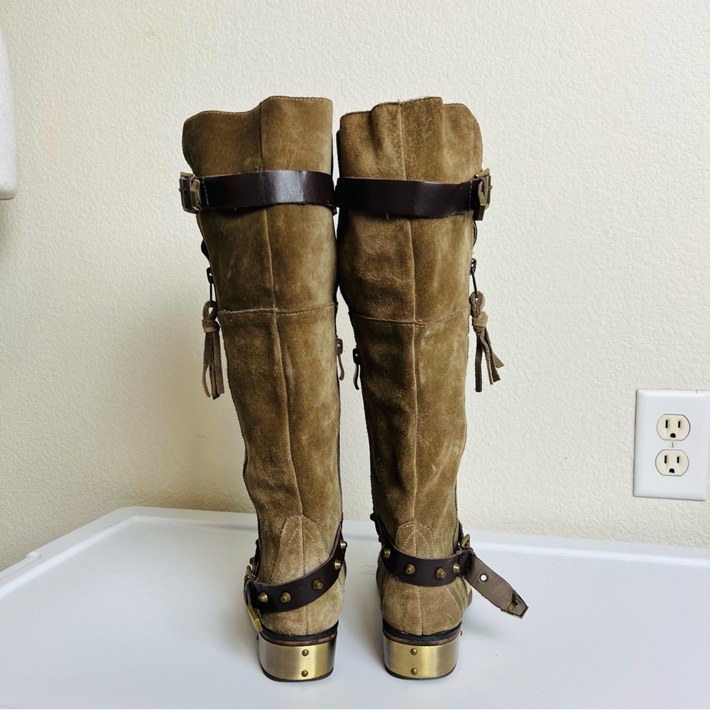 Very Volatile Suede Emperor Brown Gold Plated Knee High Zip Riding Boots - Picture 4 of 12